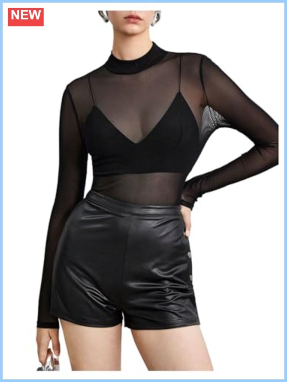 Sheer Mesh Long Sleeve Mock Neck Slim Fit Sexy Party Top